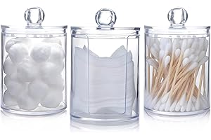 otuiaim [2+1 Clear Acrylic Cotton Swab Holder, Combinable Q-tip Dispenser for Bathroom Vanity Cotton Swabs, Makeup Organizer Box for Cotton Buds and Cosmetics, 3 Cylindrical Container Storage Boxes