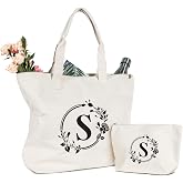 Personalisiertes Canvas Tote Bag Mit Initial – Blumenprint, 38x40 Cm, Inkl. Make-up Tasche, Geschenk Für Braut & Mutter