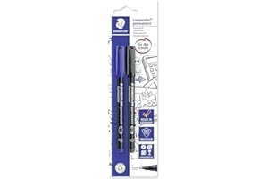 ‎STAEDTLER STAEDTLER permanenter Universalstift Lumocolor, wisch- und wasserfest, sekundenschnell trocken, nachfüllbar, Linienbreite 0,6 mm, 2 Marker blau/schwarz auf Blisterkarte, 318 ASBK2D