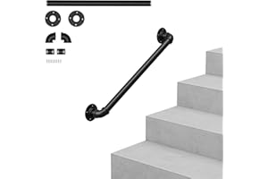 OUNUO Wall Handrail for Stairs Steps, Black Metal Industrial Pipe Staircase Handrail for Indoor Outdoor Wall Mount Support, Wall Hand Railing,Safety Handle (Black, 100cm)