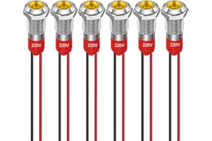 GUUZI 6pcs 8mm Voyant LED 220-230V Signal Lumineux étanche Panneau Métallique Voyant LED Montage sur Panneau Tête Plate avec Fils Coque Argentée (Jaune)