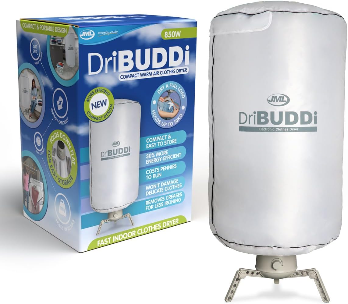 JML DriBUDDI Compact Electric Clothes Dryer - Heated Clothes Airer with Cover for Laundry Drying, Portable Rack Holds 10Kg of Clothing - Saves Ironing Packs Away Easily, For Line Dried Clothes Indoors