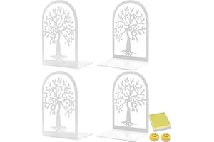 Qualsen Pack of 4 Metal White Bookends, Bookends Made of Dense Trees, Bookends with Non-Slip, Decorative Bookends, Bookends for School, Home, Office, School Supplies