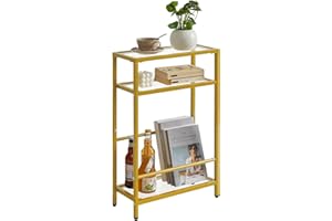IBUYKE Mesa Auxiliar Estrecha,3 Niveles Mesa de Sofá Cristal Templado con Estantes para Revistas, Mesita De Noche, Mesas Auxiliares para Salón, Dormitorio, Espacios Pequeños, Dorado TMZ002G