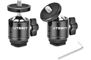 UTEBIT 2 Pcs Mini Rotule Rotative à 360°, 20MM Têtes de Trépieds avec 1/4 Vis et Hot Shoe Adaptateur Amovible, Ball Head Support pour Moniteur/Caméra Mount sur Monopied/Trépieds