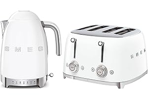 Smeg KLF04WHUK Jug Kettle with Acoustic Alarm, 3KW, 1.7L & Smeg TSF03WHUK 4 Slice Toaster, Extra Wide Slots, White