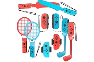 RREAKA Switch Sports Accessories Bundle for Nintendo Switch Games, 10-in-1 Family Party Pack Set Kit for Switch OLED Sports Games Tennis Rackets, Golf Clubs, Chambara Swords, Soccer Leg Straps & Joycon Grips