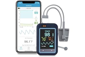 VIATOM Moniteur de saturation en oxygène sanguin portable Bluetooth Moniteur d'oxygène pour moniteur de fréquence cardiaque avec température corporelle et écran couleur SpO2 double direction rechargeable