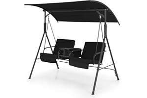 GOPLUS Balancelle Jardin 2 Places 181x124x161,5 CM, Balancelle Canopy Inclinable 240° Ajustable avec Glacière, Plateau Rotatif, Porte-gobelets, Charge 240KG, Chaise à Bascule pour Patio Cour (Noir)