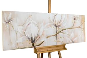 Kunstloft Quadro su tela | 100% DIPINTO A MANO | 150x50cm | Dipinto 'Concorso per la gloria' | Fiori | Bianco Beige | Arte moderna