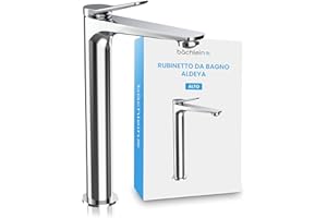 Bächlein - Miscelatore per bagno Aldeya alto in design moderno, miscelatore monocomando extra alto per lavabo da appoggio con set di montaggio, rubinetto per bagno cromato