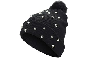 Dermalyx vintermössa punk rivet stickad mössa med ulltofs, grunge & Y2K aesthetic beanie, alternativ gotiska emo tillbehör, h