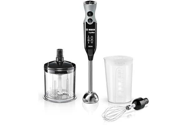 Bosch Mixeur plongeant ErgoMixx, moteur 600 W, 12 vitesses et fonction turbo, hachoir XL, fouet, gobelet doseur, noir, MSM67160
