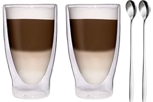 Filosa® Verres à latte macchiato à double paroi (2 x 370 ml) + 2 x cuillères, verres à expresso, verres à thé, verres à cappuccino, verres à double paroi