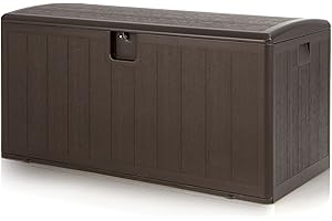 TANGZON 400L Garden Storage Box, Waterproof Outdoor Storage Deck Box with Lockable Cover, Patio Deck Boxes Storage Bin for Cushions Pillows Pool Supplies Tools Furniture Sports Equipment, Wood Effect