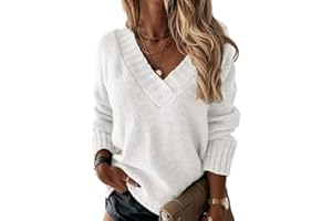 Minetom Femme Pull en Tricot Col en V Pullover Couleur Unie Léger Casual Manches Longues Pull Tricoté Chaud Hauts Chandail Automne Hiver