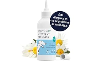 Hundepflege24 Nettoyant Oreille Chien Intense - Super Puissant en Cas d'inflammations & infections - Gouttes d'oreilles Naturelles pour Chiens avec du piroctone olamine, de la Camomille & l'aloe Vera