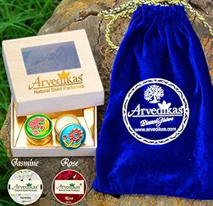 Arvedikas Natural Rose & Jasmine Solid Perfumes For Women/Girls/Long Lasting Floral Scent/Pocket Size/Travel/Compact Colognes in Handcrafted Brass Boxes/Unique Gift Pack of 2 Solid Perfumes