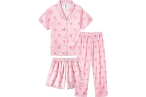 Ewbob Girls Silk Satin Pyjamas Set Short Sleeve Button-Down Kids PJs Breathable Soft Nightwear Children Sleepwear Age 5-14
