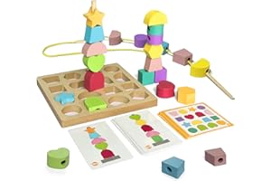GOUJFOL Juguetes Montessori, Juguetes de Madera, Juegos Educativos Niños Juegos Apilables Apilar y Enhebrar de Madera Regalo GeoméTricas Colores Clasificar Bloques, Regalo para Bebés Niños 2 3 4 5 Años