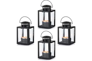 Nuptio Lanterns for Candles Garden Lanterns, 4 Pcs Vintage Style Hanging Small Lanterns for Tealight Candle, Black Candle Tea Light Holders for Indoor Outdoor Events Birthday Party Wedding
