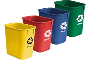 Acrimet Papelera para Reciclaje, 3.25 galones / 13 cuartos / 12 litros (Hecha de Plástico) (Metal/Amarillo, Papel/Azul, Vidrio/Verde, Plástico/Rojo) (Conjunto de 4)
