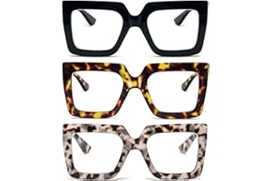 KoKoBin 3 confezioni di occhiali da lettura per donne con montatura lettori quadrati spessi ed eleganti che bloccano la luce blu occhiali (Nero/Marrone leopardo/Grigio leopardo, 2, Diottria)