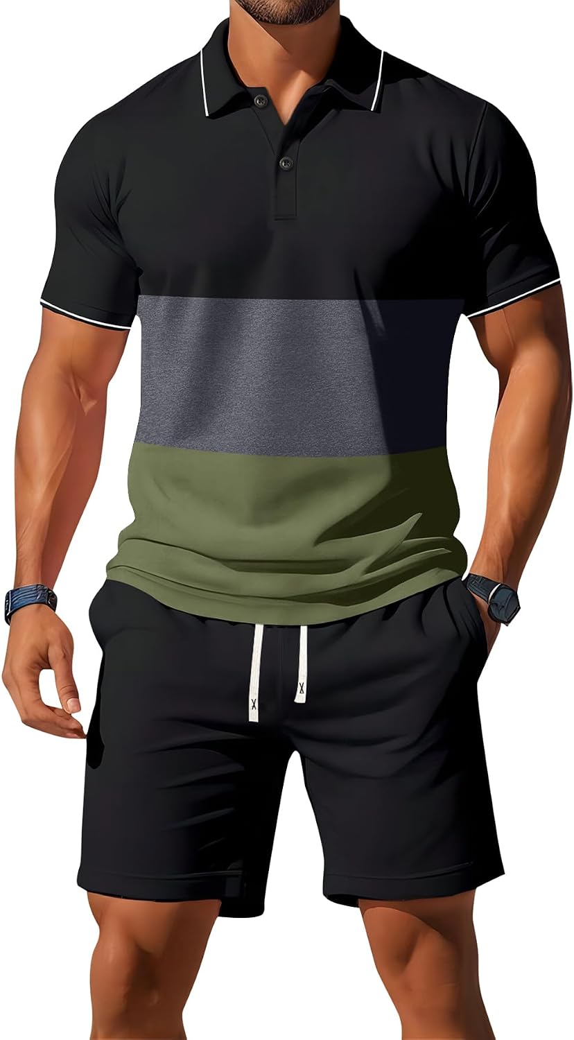 Conjunto de 2 piezas de camisa polo de verano de tres colores para hombre, estilo casual, vacaciones, playa, deportes, atletismo