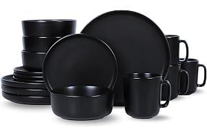 FEELINGS STONEWARE CERAMIC 16 PCS DINNER SET | Durable Dinnerware for Everyday Use | Includes Plates, Bowls, and Mugs | Elegant and Stylish Design | Dishwasher & Microwave Safe (BLACK 2)
