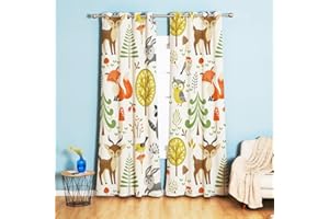 Koudi Blickdichte Vorhänge Kinderzimmer Tiere Hase Fuchs Bäume Muster Gardinen mit Ösen für Mädchenzimmer, Kinderzimmer, Babyzimmer 160 × 107cm (H × B)