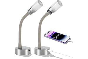 CamperXlite 2 Piezas 2W Lámpara de lectura 12V Autocaravana Regulable LED, Equipado Cargador 18W USB, Flexible Cuello de Cisne Luz de Lectura para Furgo Camper Barco Van LKW 3200K