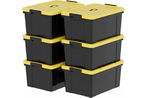 Cetomo 6 cajas de almacenamiento de plástico con tapas, asa y hebillas de cierre para herramientas al aire libre, jardín, garaje, hogar, duradera, resistente, apilable, anidable, negro y amarillo, 90
