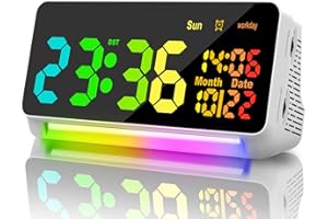 XREXS Large Digital Clock, RGB Colorful LED Digital Alarm Clock, Date Display, 15 Alarm Tones, Adjustable Brightness/Volume, Snooze, Workday Mode, Mains Powered, Alarm Clock for Kids