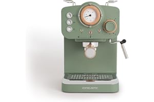 CREATE / THERA RETRO/Cafetera Express Semiautomática verde sage mate y madera / 20 bares, brazo doble salida, depósito 1,25L, café molido y monodosis ESE 55mm, con vaporizador, 1100W