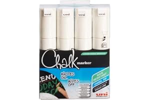 Uni-Ball Réf 5046823 Marqueur craie Pointe ogive large Trait de 8 mm Blanc Pochette de 4 (Import Royaume Uni)