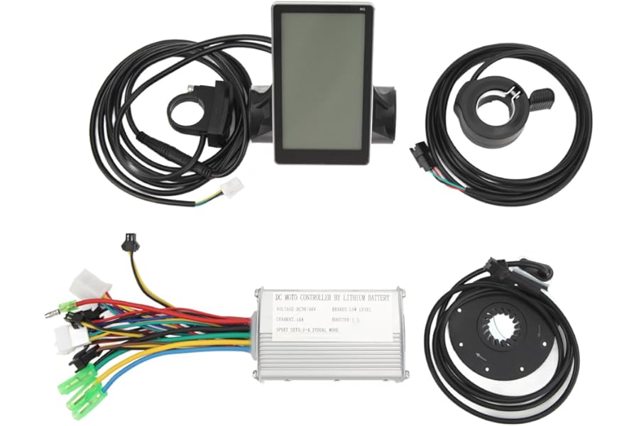 Pilipane Electric Bicycle Lithium Battery Conversion Kit 15A Controller with SM Connector Double Light Cable M5 Display Thumb Throttle Power Assist Sensor for DIY Electric Bike Conversion