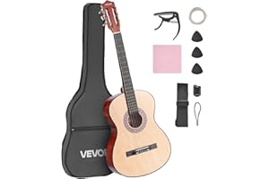 VEVOR Guitare Classique Débutants, 96 cm, avec Cordes Nylon, Housse de Transport, Sangle, Accordeur, Cordes Supplémentaires, Médiators, Capodastre, en Tilleul, pour Jeunes Enfants Musiciens, Naturel