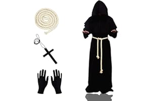 Gxlaihly Costume de moine, robe de prêtre, costume de moine à capuche pour homme, avec collier croix, gants, ceinture, costume de moine à capuche, costume de moine prêtre pour Halloween, cosplay
