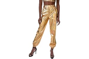FYMNSI Damen Metallic Glänzed Hose Elastischer Bund Sporthose Locker Freizeit Casual Lang Hose Sweathose Jogginghose Leggins Einfarbig Wet Look Stretch Leggings Tanzhosen Party Disco Clubwear