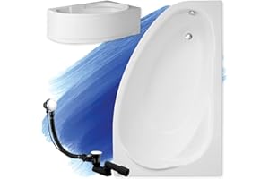 POLIMAT BADLAND Badewanne Original Weiß Acryl Wanne Eckbadewanne MAREA 150x100 Rechts KOMPLETTSET SET mit Weiß Acrylschürze + Füßen und Exklusive Chrom Automatik Ablaufgarnitur Made in EU 4in1