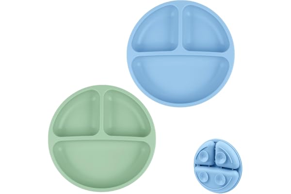 Vicloon Assiettes en Silicone avec Ventouse pour Bébé,2PCS Assiette Ventouse Pour Bébé, Pour les tout-petits et l'auto-alimentation- Passe Au Lave-vaisselle et Au Micro-ondes(Gris Bleu/Vert)