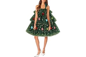 Yoisdtxc Women Christmas Tree Dress Sleeveless Tie Shoulder Strap Dresses with Star Print Layered Cake Tulle Dress