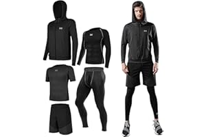Lachi 5 Piezas Conjunto de Ropa Deportiva Compresion Hombre Camisetas Mallas Running Pantalon Corto Deporte Ropa Secado Rápido Traje Deportivo Elástico Cremallera Suave para Correr Gym Fitness