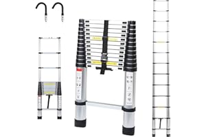 Cecaylie 3.8M Aluminium Échelle Télescopique avec 2 Crochets Amovibles, Télescopique Antidérapant Echelle Multiusage Portable Échelle Télescopique Facile à Porter Charge Max 150 kg