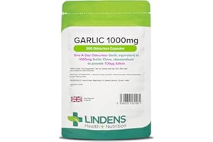 Lindens - Garlic 1000mg - 200 Odourless Capsules - UK Made - One-A-Day - Standardised to Provide 700mcg Allicin (Equivalent to 1000mg Fresh Garlic) - 6+ Months Supply - GMP & Letterbox Friendly