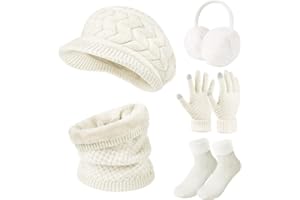 Niwicee Women Winter Knitted Hat and Scarf Set 5 PCS Ski Outing Set Plush Ear Warmers Knitted Scarf Berets Hat and Touch Screen Gloves Thermal Socks Set for Skiing Outdoor Sports