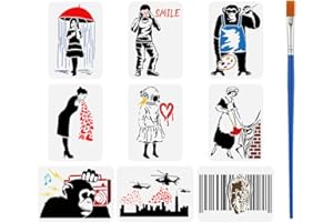 ‎FINGERINSPIRE FINGERINSPIRE 9 Stück Banksy Figuren Schablone 21x29.7cm Schimpansen Malschablonen Mit Bambuspinsel Regenschirm Regenmädchen Zeichnen Große Schablonen Hubschrauber Vorlagen Für Stoff Fliesen Möbel