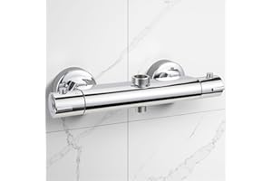 HAUSHARBOR Grifo Termostático Ducha, Termostato Ducha con el Botón de Seguridad, Grifería de Bañera de Pared de 38 ℃, Grifo Ducha Termostatico de Latón Cromado de Salida Superior de 3/4" Inferior de 1/2"