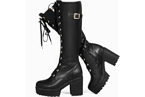 Voviggiw Women Fashion Platform Knee High Boots Lace Up Chunky Heel Boots with Buckle Side Zipper Biker Boots