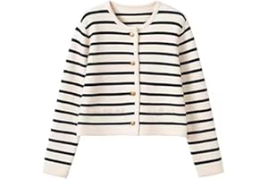 FAIRZ Lady Patch Pocket Cardigan, Women's Striped Knit Cardigan Sweater Coat Trendy Long Sleeve Button Down Crew Cardigans